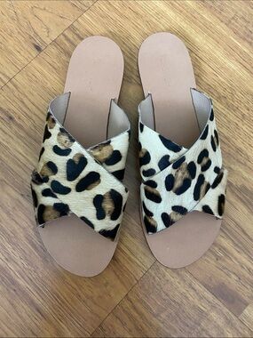 Topshop Leopard-Print Crossband Slide Calf hair Sandals - Tan & Blsck